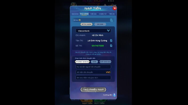 Hướng dẫn nạp tiền vào WIN79 bằng Vietcombank chi tiết